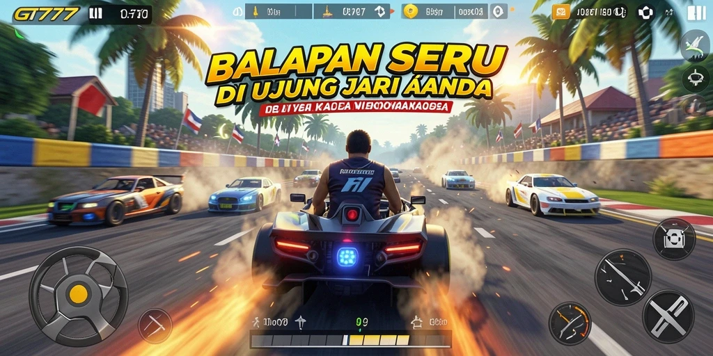 Gameplay GT777 yang mendebarkan dengan aksi balapan yang intens.