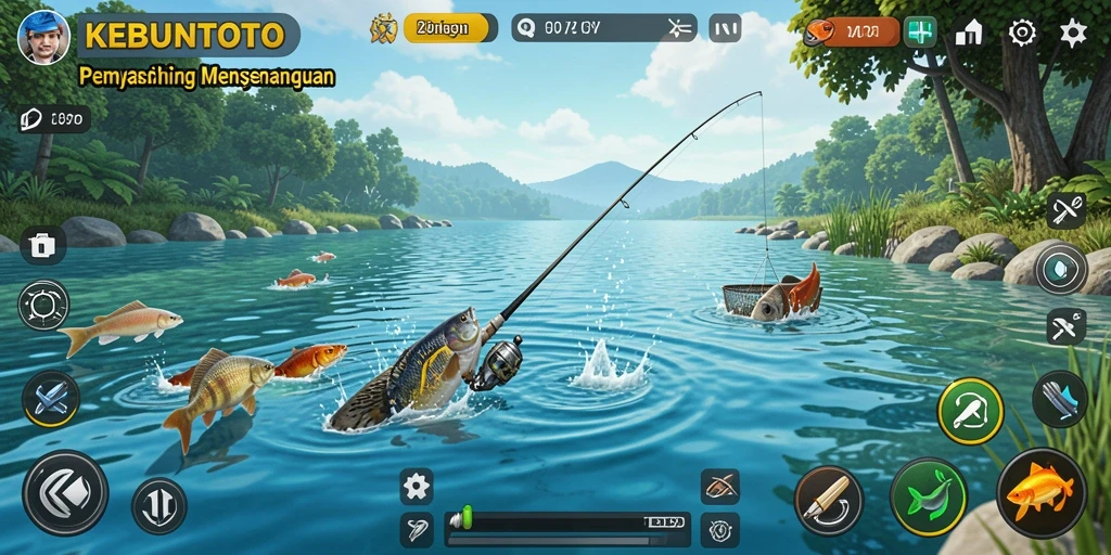 Gameplay KEBUNTOTO yang imersif dengan aksi memancing yang seru.