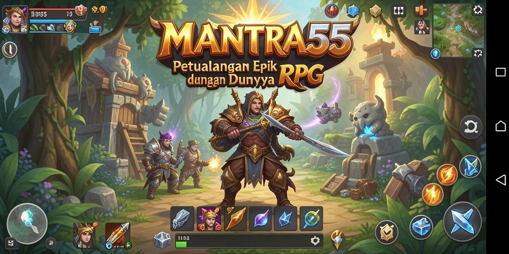 Tangkapan layar utama MANTRA55 menunjukkan aksi pertarungan seru dalam RPG.