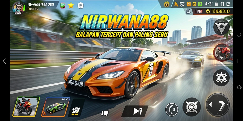 Gameplay seru NIRWANA88 dengan mobil cepat di trek menantang.
