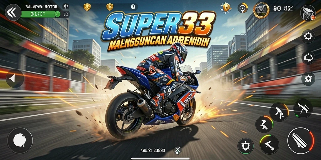 Tangkapan layar utama dari gameplay SUPER33 menampilkan pengalaman balap motor yang mendebarkan.